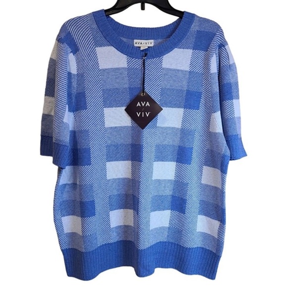Ava and Viv Womens Short Sleeve Sweater Size 1X Blue Plaid Ribbed Hem and Cuffs - Picture 6 of 6